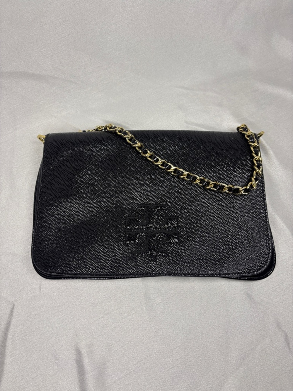 Tory Burch Black Leather w Shine Print Shoulder Bag with Gold Chain - Picture 14 of 14